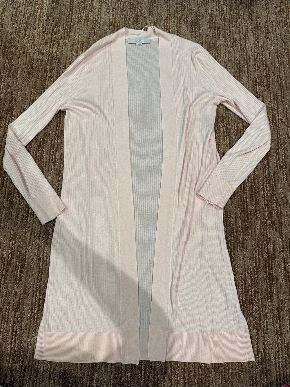 LOFT Light Pink Ribbed Open-Front Long Cardigan
